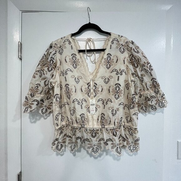 Anthropologie Embroidered Boho Blouse NWT • Scallop Hem Puff Sleeve Top Size XL - Picture 1 of 7